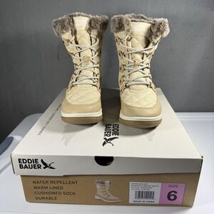 Eddie Bauer Snow Boots Womens Size 6 Beige Sterling Faux Fur Water Repellent